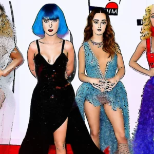 Artistic representation for VMAs top moments from Taylor Swift , Sabrina Carpenter , Katy Perry and Carson Daly.