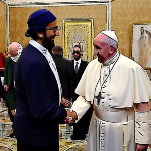Artistic representation for Look : When Sheikh Mohamed met Pope Francis in Vatican to promote peace , tolerance and understanding.
