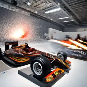 Artistic representation for torched formula 1 car & other F1 artifacts show at london exhibition
