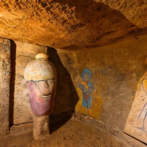 Artistic representation for Ancient tombs with vibrant wall paintings open to public in southern Israel.